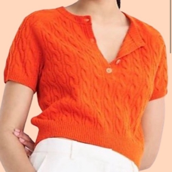 J. Crew Cashmere Cable-Knit Henley Short Sleeve Sweater Heather Pumpkin-MED-EUC - Picture 1 of 14